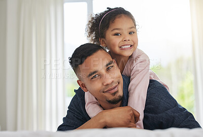 Buy stock photo Portrait, hug and father with girl, home and happiness with support, kindness and relax. Face, family and dad with daughter, embrace and bonding together with joy, cheerful and trust with insurance