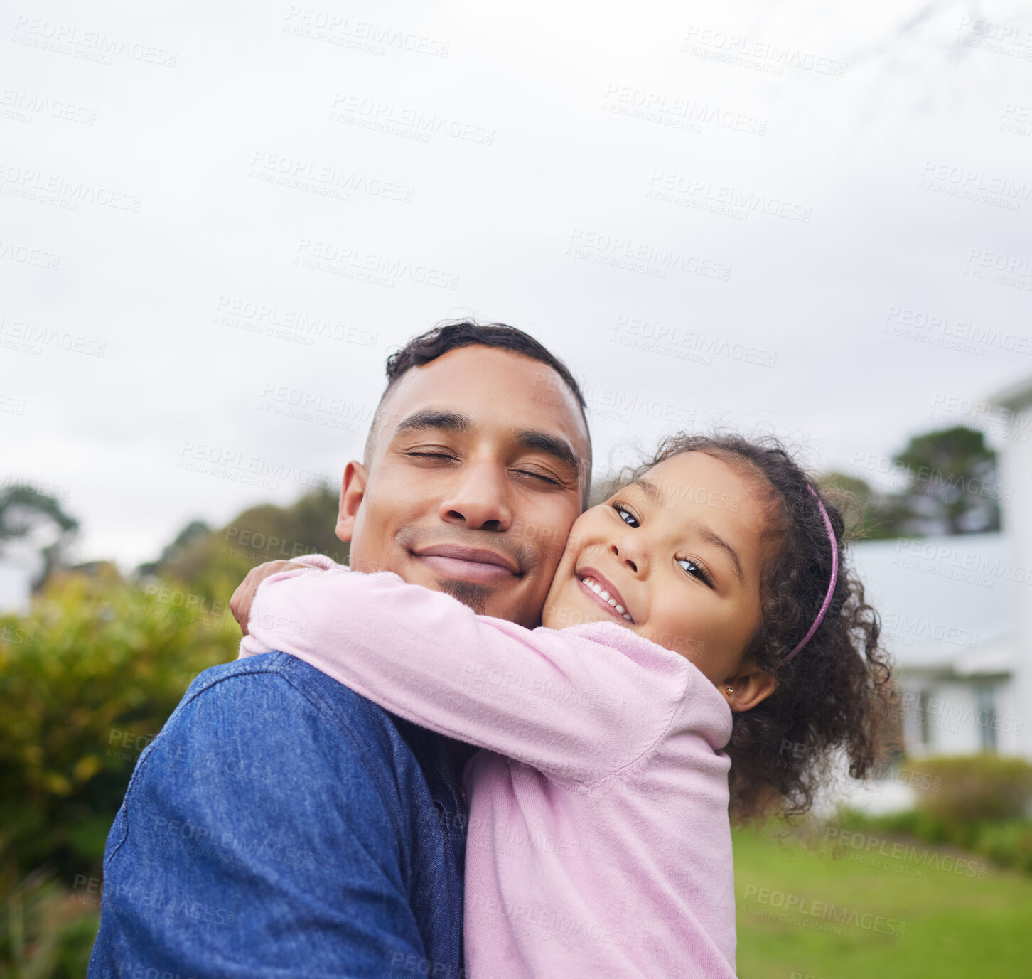 Buy stock photo Father, happy girl and hug portrait in outdoor, support kid and trust in backyard of home. Dad, daughter and love child in garden for bonding on weekend, smile and single parent for childhood care