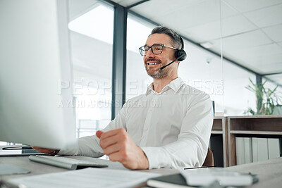 Buy stock photo Telemarketing, happy mature man and computer in office for customer service, CRM questions and IT support. Call center agent, consultant and salesman with microphone for telecom advisory at help desk