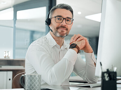 Buy stock photo Telemarketing, call center and portrait of mature man at computer in office for customer service, CRM questions and IT support. Agent, consultant and salesman with microphone for telecom at help desk