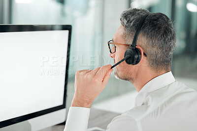 Buy stock photo Call center, man and mockup on computer, screen and customer service consulting from the back. Mature salesman, agent and desktop space for telemarketing, CRM advisory and FAQ contact for IT support 