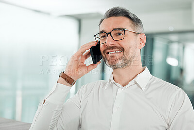 Buy stock photo Mature, businessman and phone call in office for online connection, company growth or conversation. Male person, manager or digital device in corporate workplace for communication, smile in career 