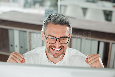 Buy stock photo Businessman, computer and celebration for win, promotion and bonus or yes, success and achievement. Businessperson, fist pump and cheers or excited, energy and emoji in office, wow and omg at work