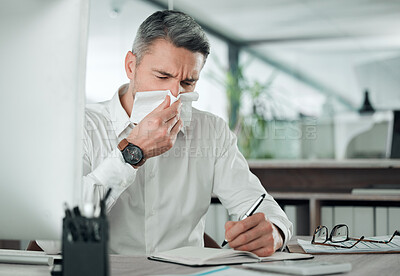Buy stock photo Business man blowing nose at desk in office for allergies, cold and sick virus while writing in notebook. Mature entrepreneur with tissue for infection, influenza or allergy risk while planning notes