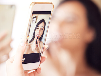 Buy stock photo Selfie, woman and cellphone for mirror, social media and makeup or cosmetics with screen in bedroom. Female person, gen z and influencer with technology for beauty, content creator and lipstick