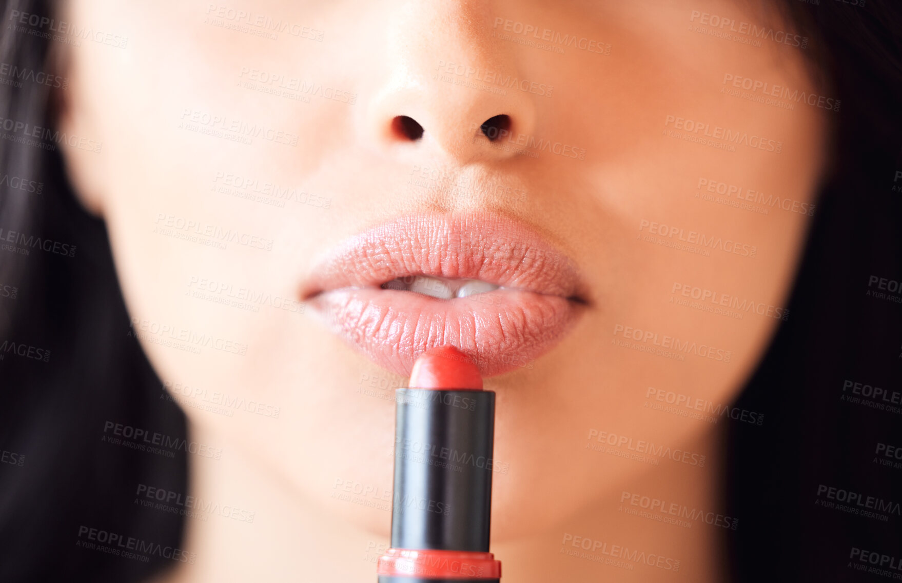 Buy stock photo Lipstick, makeup and woman closeup for beauty, glow and morning routine treatment in home bathroom. Lip gloss, mouth and apply cosmetics product on face for health, wellness and skincare to shine