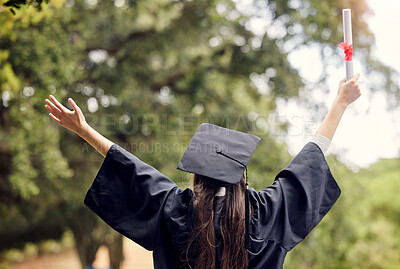 Buy stock photo Graduate, woman celebrate and degree with study diploma at event outdoor with scholarship. Certificate, back and hand holding college paper with cheer, success and motivation with achievement scroll