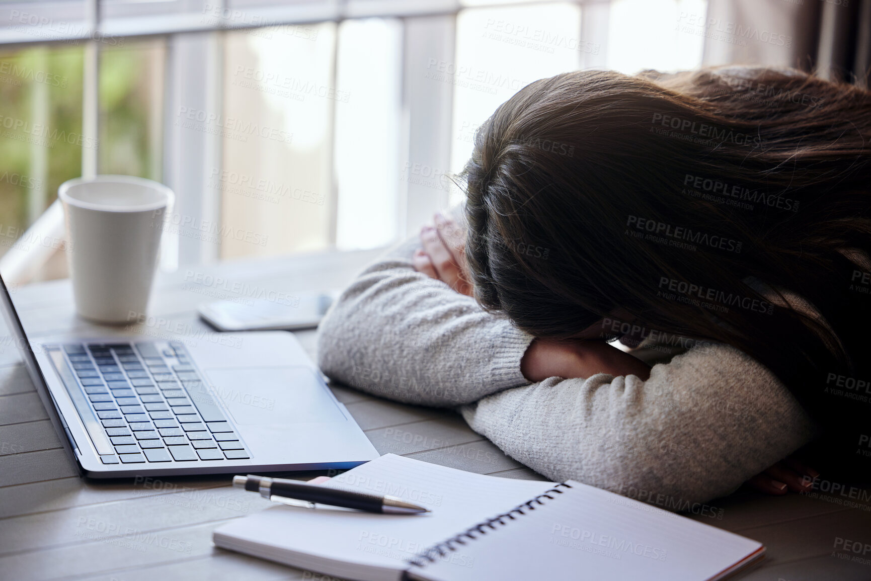 Buy stock photo Tired, remote work and a student sleeping at a desk with exam burnout, project and education stress. Study, busy and a female student with sleep after getting ready for a school course and learning