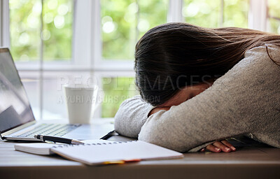 Buy stock photo Tired, planning and a woman sleeping at a desk with exam burnout, project and education stress. Home, busy and a female student with sleep after getting ready for a school course and learning