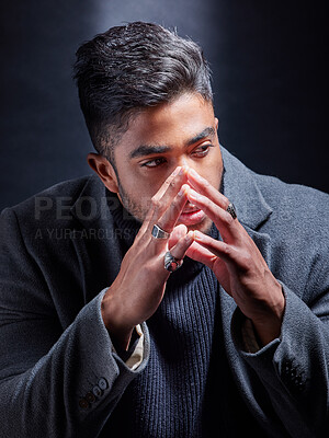 Buy stock photo Gangster, thinking and man in mafia with dark ideas on studio background or businessman with power. Serious, person and cool style with luxury jewellery, ring or criminal planning in mob with wealth