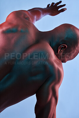 Buy stock photo Body, muscles and back of black man in studio for fitness, results and healthy lifestyle on blue background. Biceps, shoulders and African male model posing for training, strong and fitness aesthetic