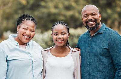 Buy stock photo Black family, portrait and outdoor hug with woman, relax and together for love in relationship. People, senior parents and son in embrace for support, backyard bonding and travel to Nigeria for peace