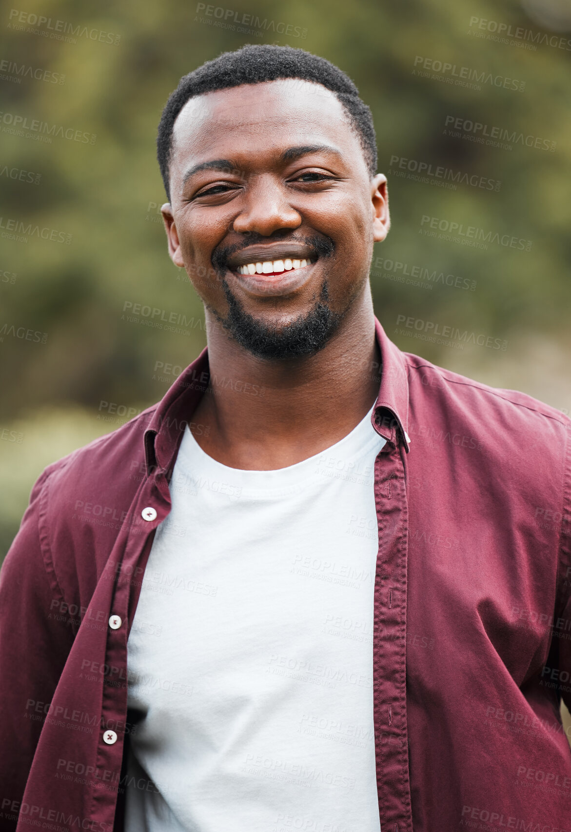 Buy stock photo Black man, portrait and outdoor to relax on holiday, forest and countryside garden in Nigeria. Male person, travel and nature for peace on vacation, weekend trip and woods for happy calm on getaway