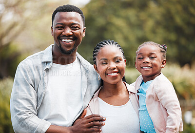 Buy stock photo Happy, portrait and black family outdoor, hug and bonding in a park, loving together and weekend break. Face, mother or father with female kid, daughter or embrace with child development and backyard