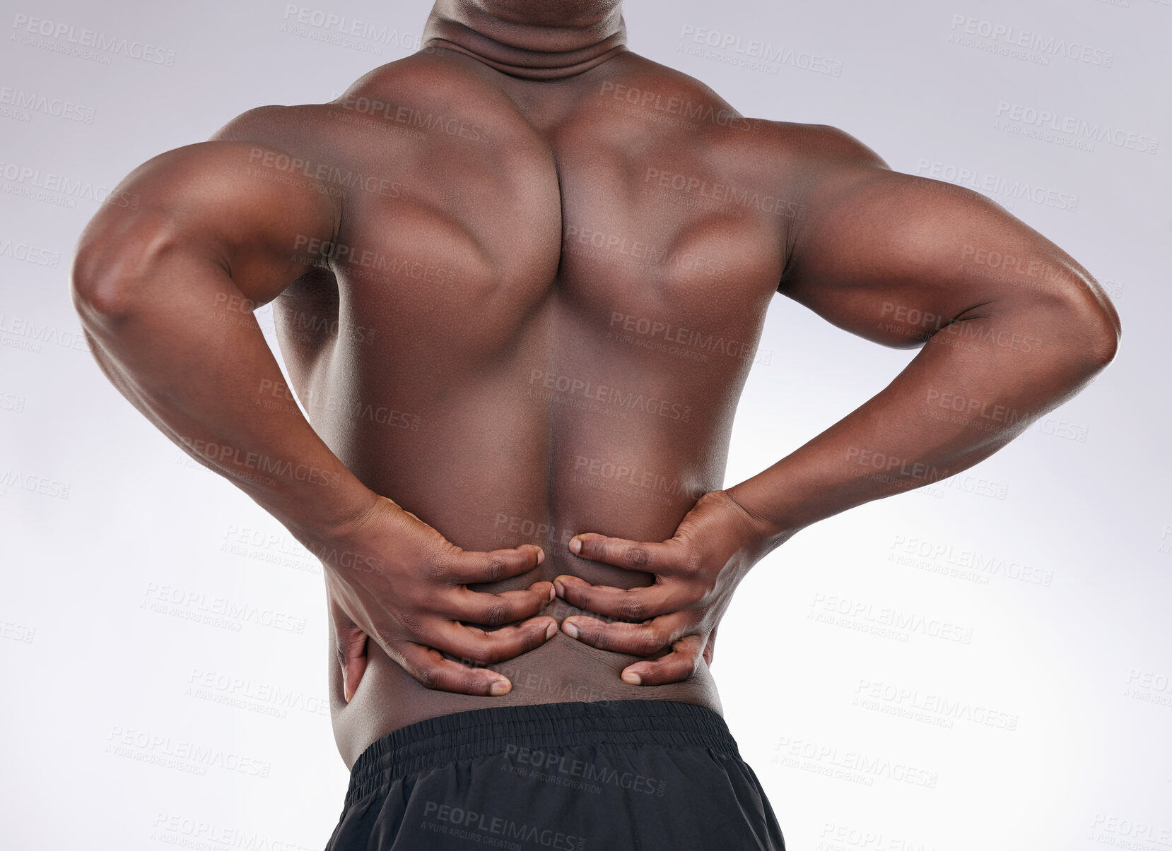 Buy stock photo Black man, body and back pain in studio with muscle injury for physiotherapy, massage and healthcare. Fitness model, skin and stress for wellness or physical therapy on isolated white background
