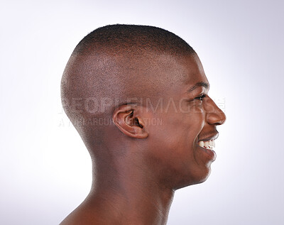 Buy stock photo Skincare, smile and profile of black man in studio for dermatology, treatment and wellness. Happy, male person and pride with confidence on white background for cosmetics, self care and satisfaction