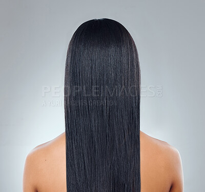 Buy stock photo Hair care, back of woman with straight hairstyle and studio backdrop with healthy keratin treatment. Long haircare, growth and style, model with beauty shine and glow on white background from behind.
