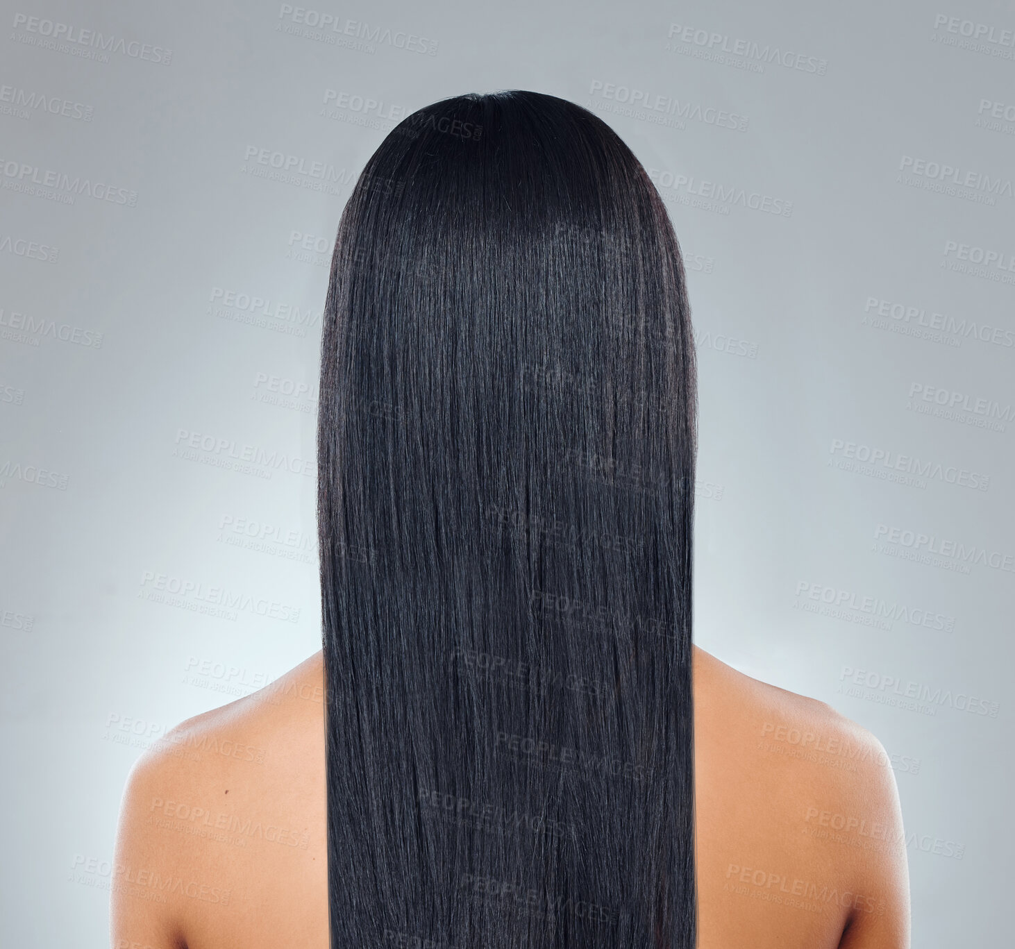 Buy stock photo Hair care, back of woman with straight hairstyle and studio backdrop with healthy keratin treatment. Long haircare, growth and style, model with beauty shine and glow on white background from behind.