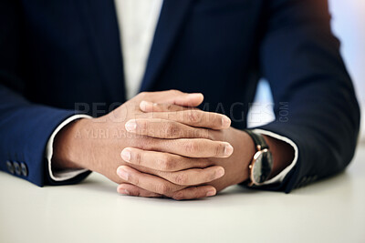 Buy stock photo Interview, ready and hands of a businessman at work for a corporate job, recruitment or hr meeting. Professional, closeup and an employee sitting at a table with patience, waiting or working