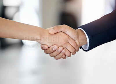 Buy stock photo Handshake, welcome and thank you for interview in office with job contract, onboarding and agreement. Workplace, greeting and shaking hands with hello for company meeting, b2b deal and partnership