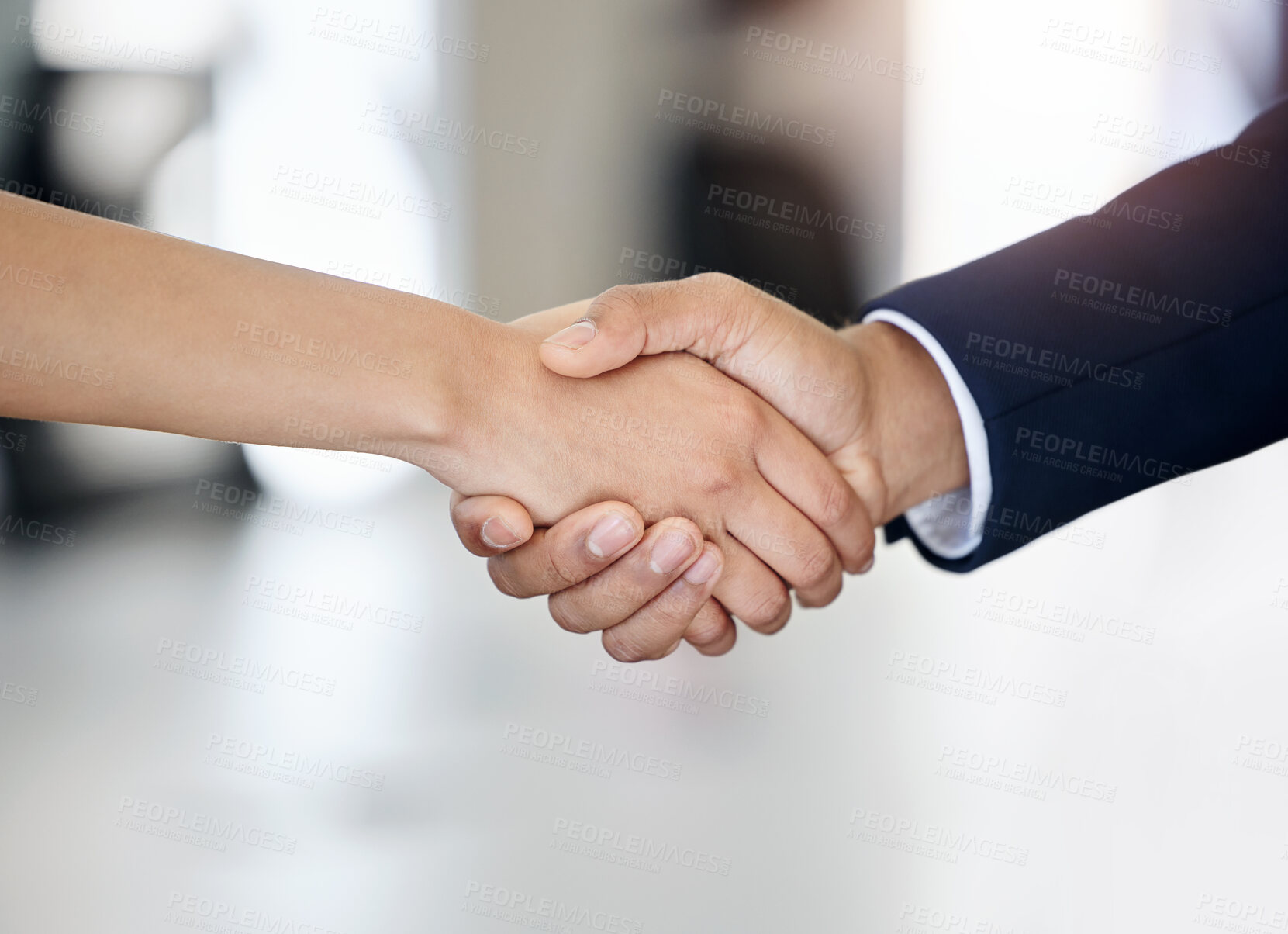 Buy stock photo Handshake, welcome and thank you for interview in office with job contract, onboarding and agreement. Workplace, greeting and shaking hands with hello for company meeting, b2b deal and partnership