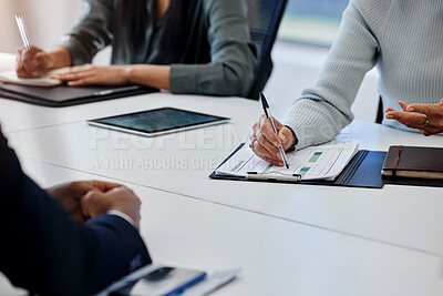 Buy stock photo Business people, meeting and closeup with documents and charts for work performance review at desk. Corporate group, discussion and paperwork with graph, statistics and analysis of employee results