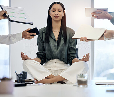 Buy stock photo Meditation, woman at desk surrounded by work and relax with project deadline, time management and mental health. Zen, peace and meditate for balance, businesswoman in busy office in lotus position.