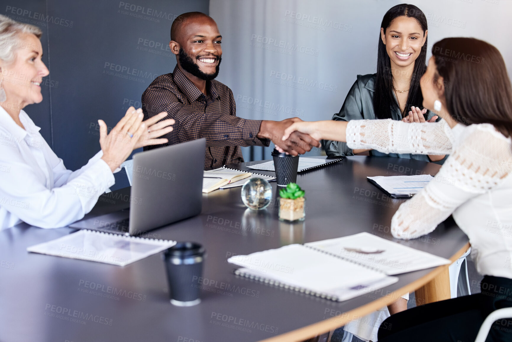 Buy stock photo Businesspeople, diversity and deal with b2b handshake, teamwork or planning with laptop. Management, brainstorm and digital report for conversation, collaboration success and communication in office