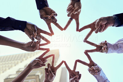 Buy stock photo Teamwork, peace sign or trust with hands in circle for support, collaboration and partnership in business. Diversity, friends or corporate people meeting for workshop, community or recruitment