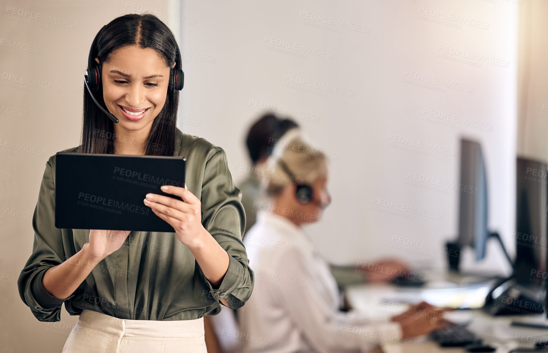 Buy stock photo Call center, woman and manager with a tablet, telemarketing and connection with digital planning, schedule for staff and typing. Female person, client service or supervisor with tech and tech support