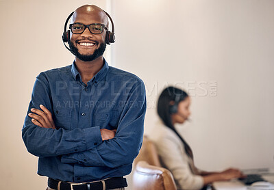 Buy stock photo Call center, smile and black man with headset for customer service, crm or telemarketing support. Portrait of african person, consultant or agent with arms crossed for sales, contact us or help desk