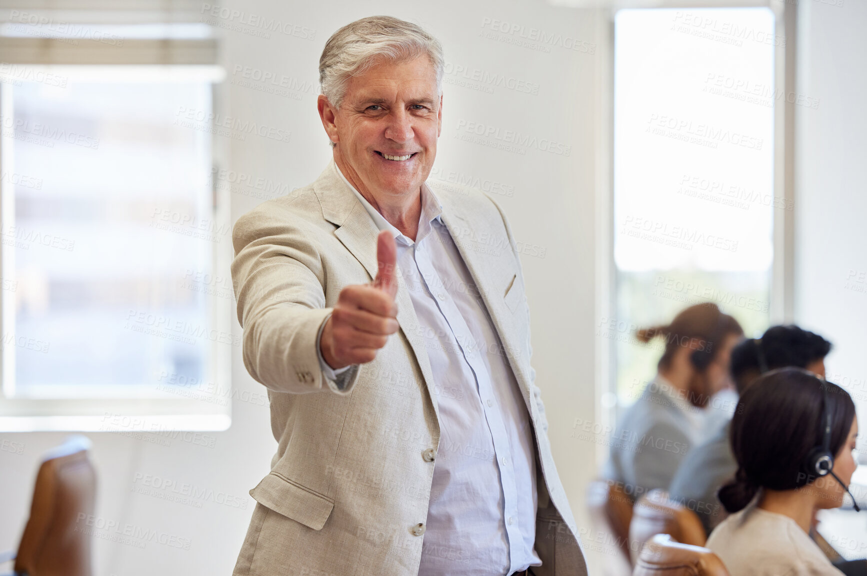 Buy stock photo Call center, portrait and mature businessman with thumbs up in office for good job, thank you or agreement. Customer service, help and employee with hand gesture for advice, consulting or CRM support