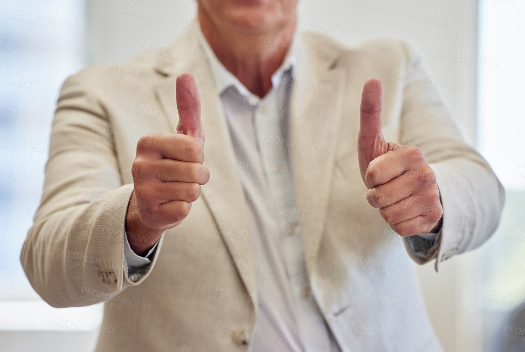 Buy stock photo Thumbs up, success and hands of businessman in office with approval, agreement or positive gesture. Happiness, winner and professional corporate manager with thank you support and workplace promotion