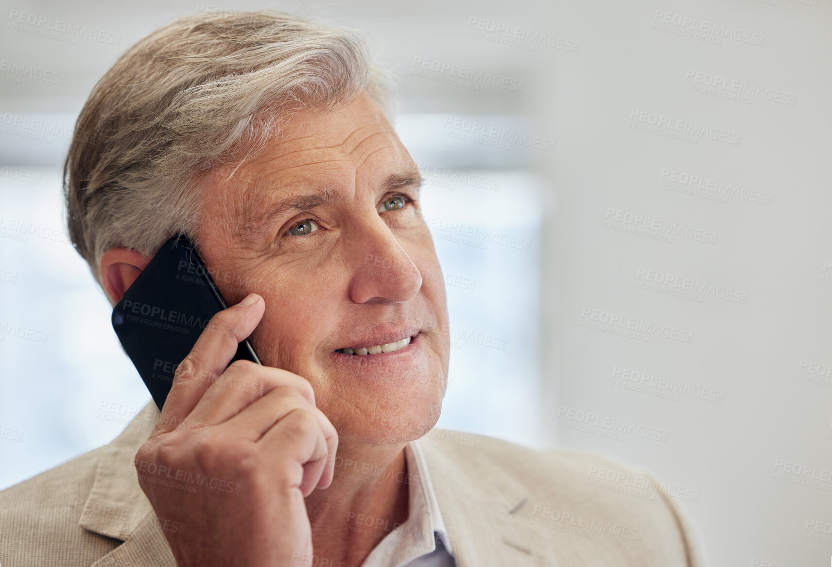 Buy stock photo Senior business man, phone call and smile in office for deal, negotiation or agreement for company growth. Entrepreneur, smartphone and happy for conversation, networking or communication at agency