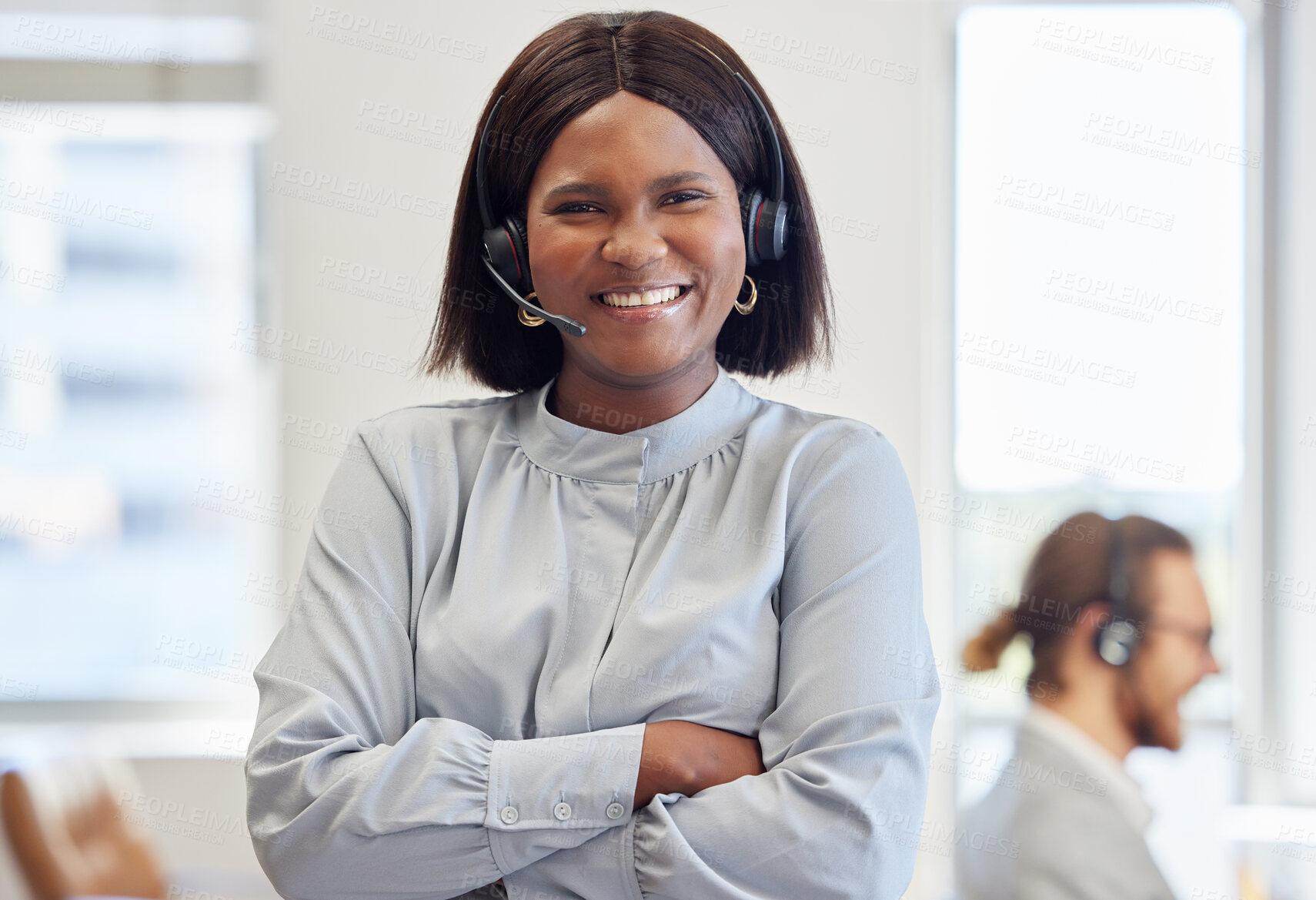 Buy stock photo Woman, call center agent and portrait with arms crossed, smile for telemarketing or customer service. Female consultant, office and happiness with headphones for tech support, advisor with microphone