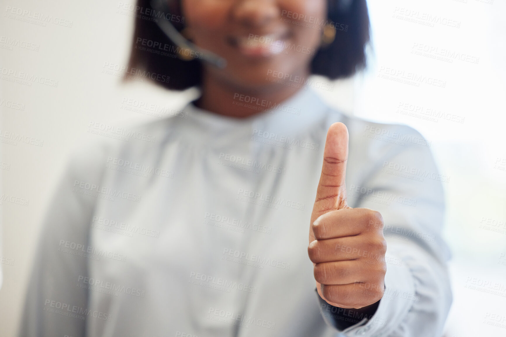 Buy stock photo Thumbs up, success and hand of business woman in office for approval, agreement or positive gesture. Happiness, winner and professional corporate manager for thank you support and workplace promotion