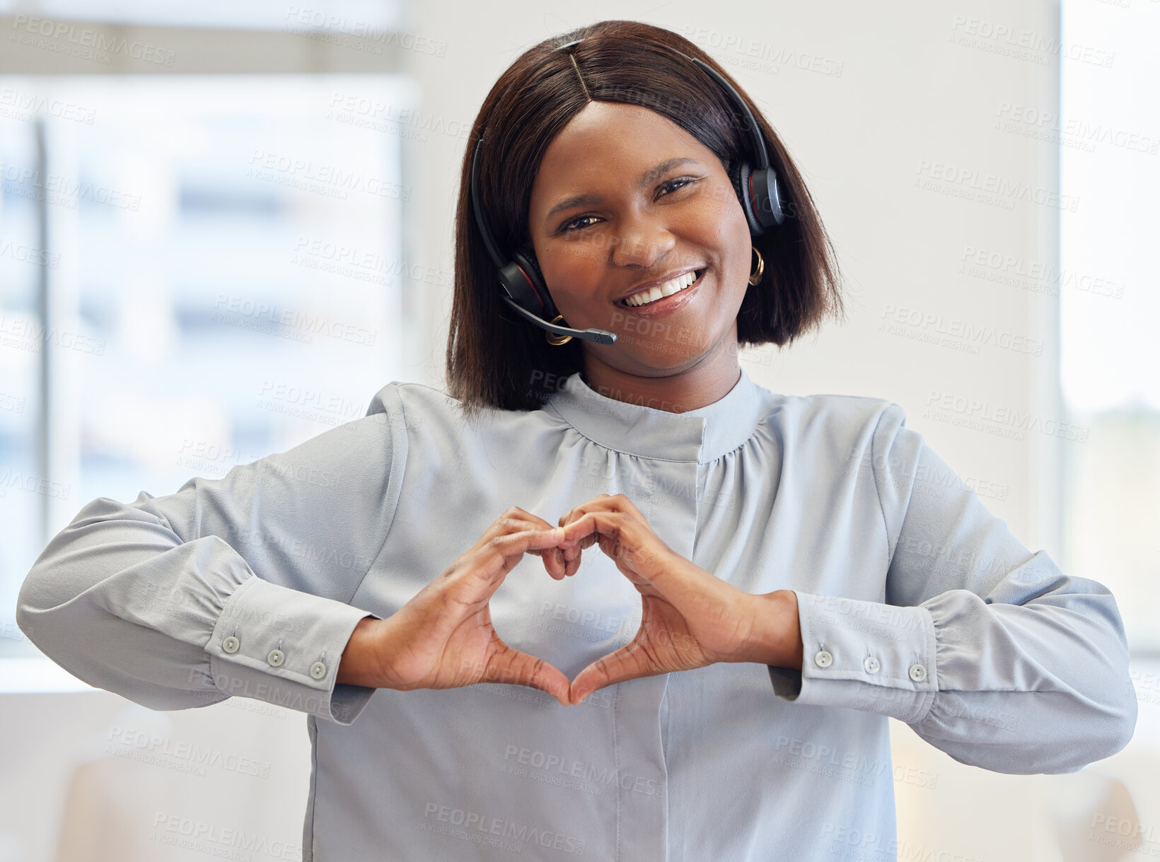 Buy stock photo Black woman, call centre and headset with heart portrait, customer care and support of telemarketing growth. African, female person and smile with love sign for excellence consultant services advisor