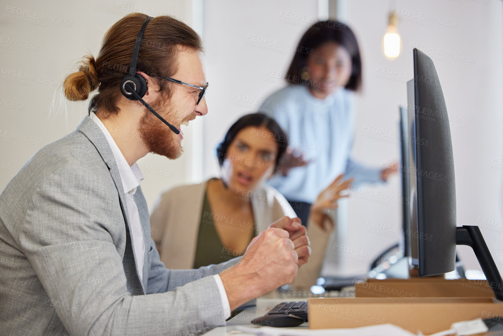 Buy stock photo Man, call centre and computer celebrating success of sales achievement, promotion and telemarketing goal. Excited, male consultant and competition winner, customer deal or online bonus for excellence