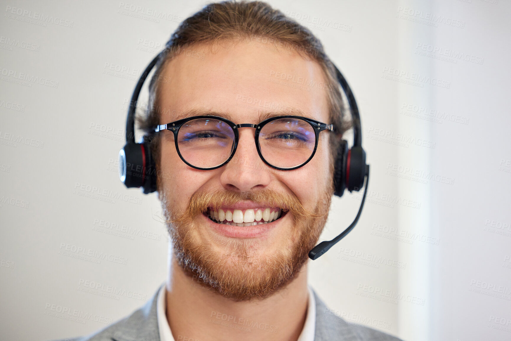 Buy stock photo Call center, man and consultant with portrait in office with smile, pride and confidence at telemarketing job. Person, agent and happy with microphone, headphones or customer care career in workplace