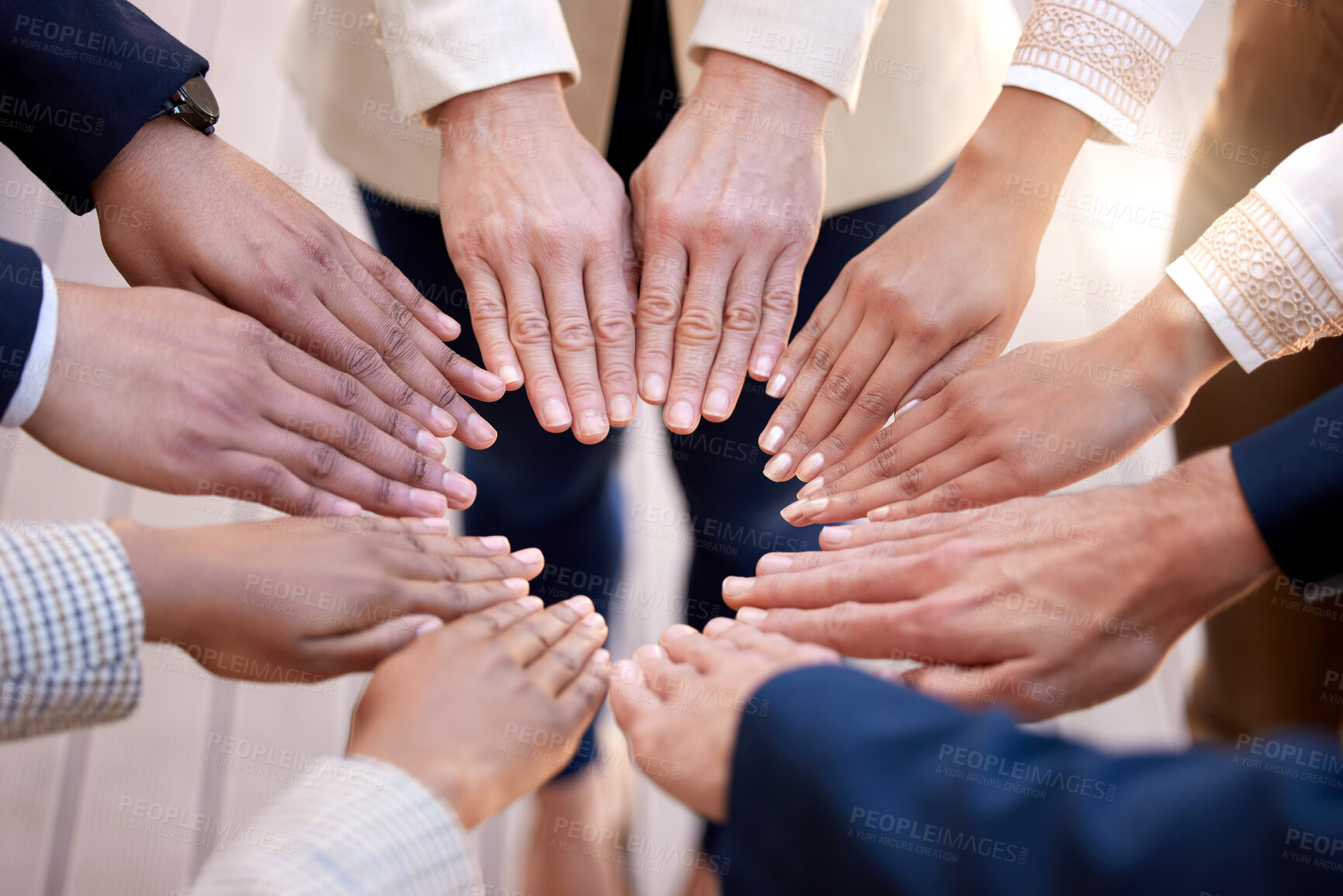 Buy stock photo Teamwork, planning or hands of business people in support circle for team building, collaboration or trust. Work, event or friends connect for goal, commitment or partnership, about us or celebration