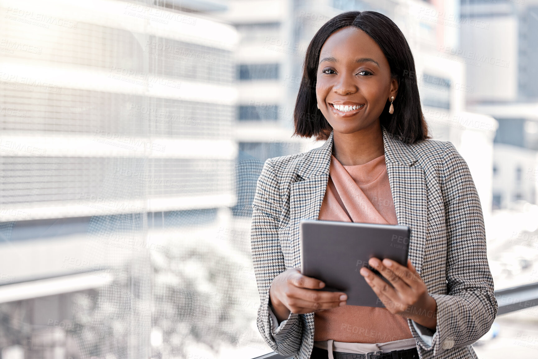 Buy stock photo Black woman, business and tablet outdoor with a smile for communication, networking and research. Portrait of a female entrepreneur in city with tech and network connection for social media app space