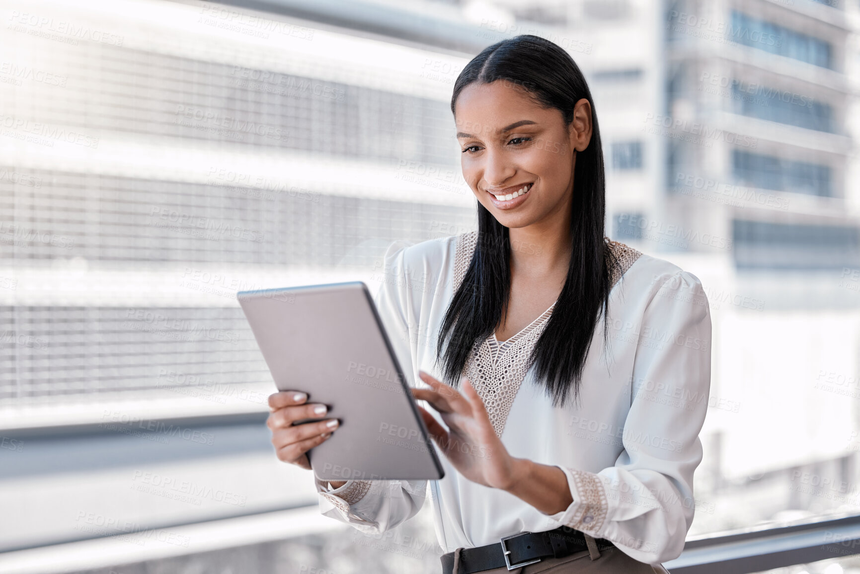 Buy stock photo Business woman, tablet and outdoor with a smile for communication, networking and research. African female entrepreneur in a city with tech or network connection for social media app or reading email