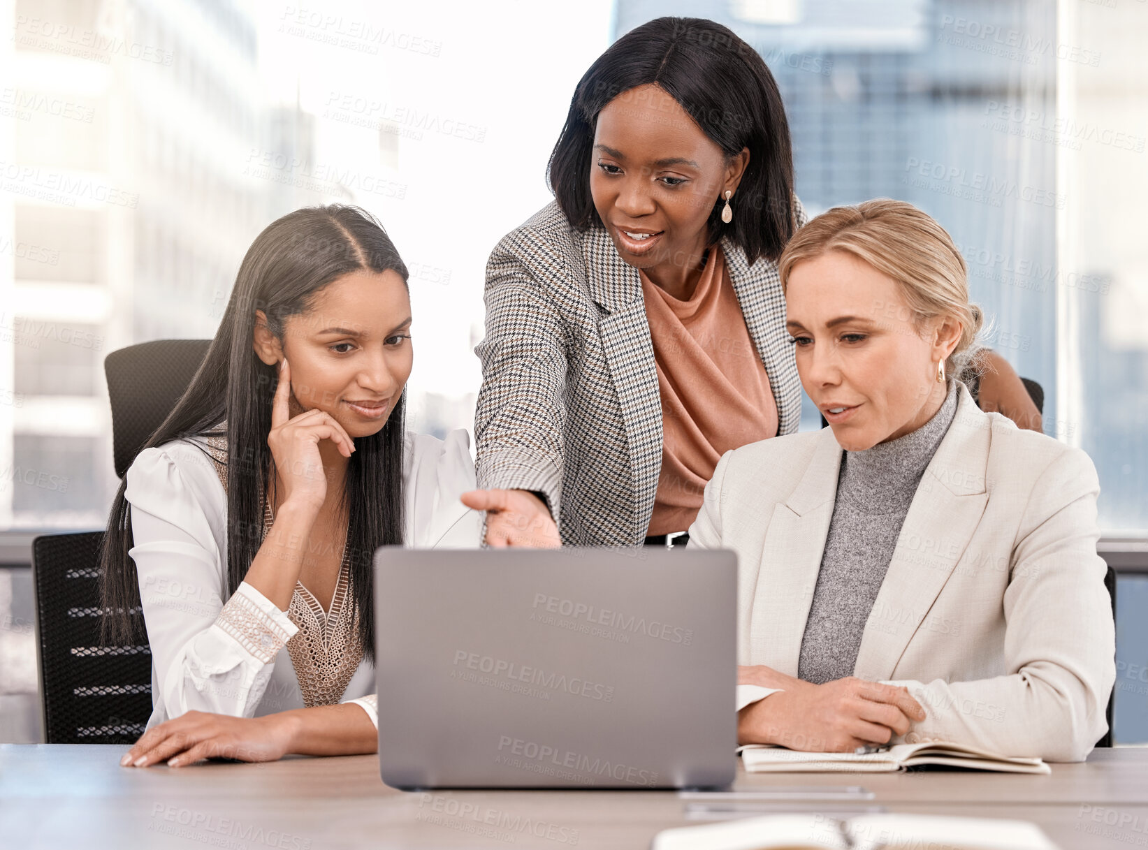 Buy stock photo Teamwork, tablet and women diversity in office, collaboration and feedback on ideas or proposal. Business people, communication and website for legal research, lawyers and support for online project