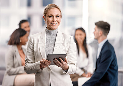 Buy stock photo Leader, business woman and tablet outdoor with a smile for communication, networking and research. Portrait of female entrepreneur in city with tech, team and network connection for management