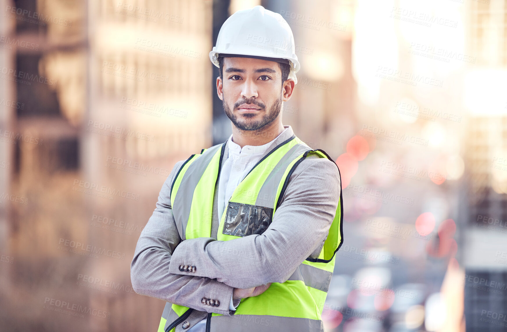 Buy stock photo Construction worker, man and arms crossed for portrait in city in helmet, safety vest or confident. Civil engineering, metro buildings and urban expansion in town, property or real estate development