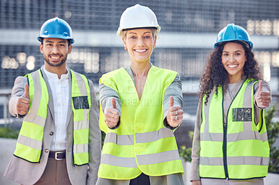 Buy stock photo Engineer, construction and team thumbs up with a woman manager outdoor for civil engineering work. Portrait of leader and gender equality with a man and women show hands for building project success
