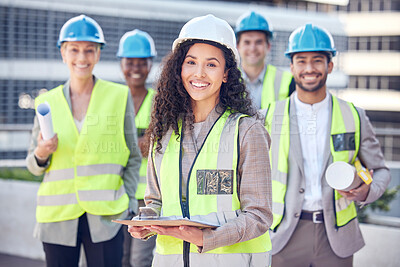 Buy stock photo Engineering, construction and team with woman manager outdoor for civil engineer project. Portrait of leader and gender equality with men and women together for architecture, building and development