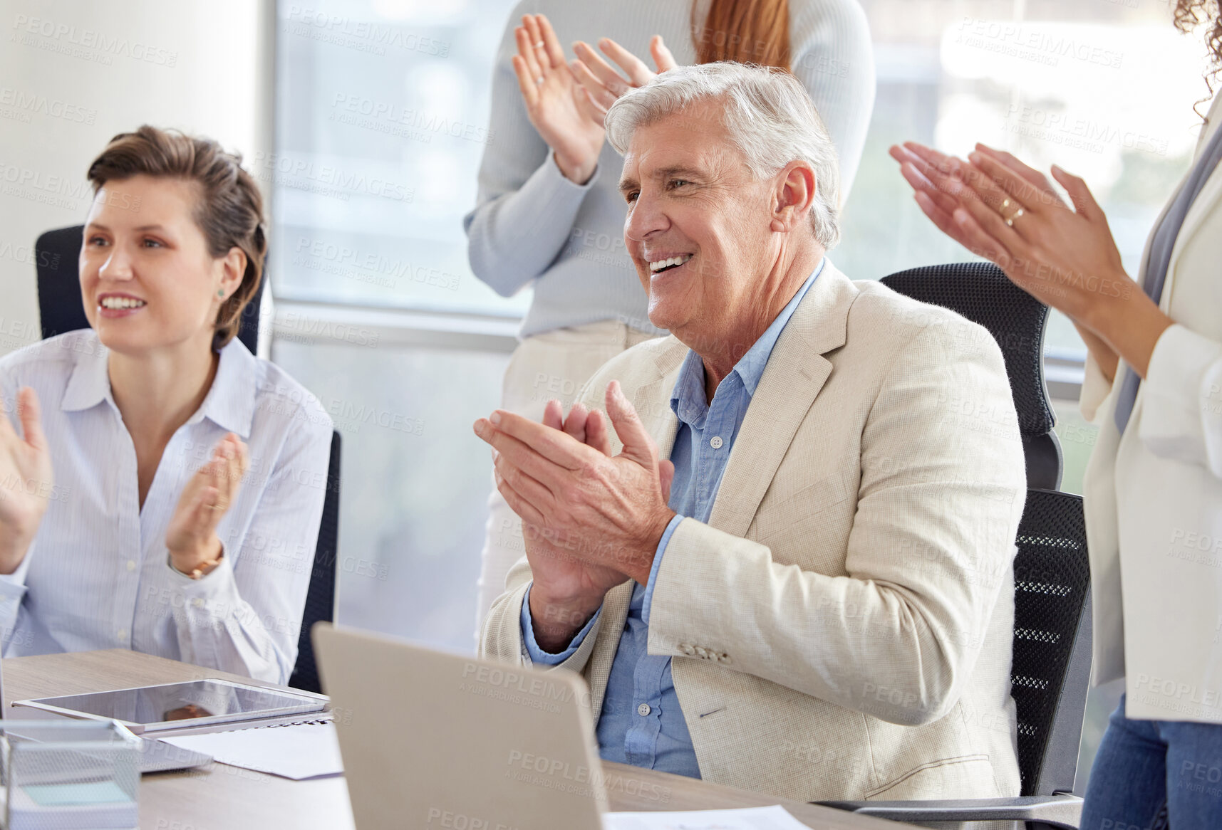 Buy stock photo Success, office and business people applause in meeting for celebration, teamwork and collaboration. Corporate, professional and men and women clapping hands for promotion, achievement and good news