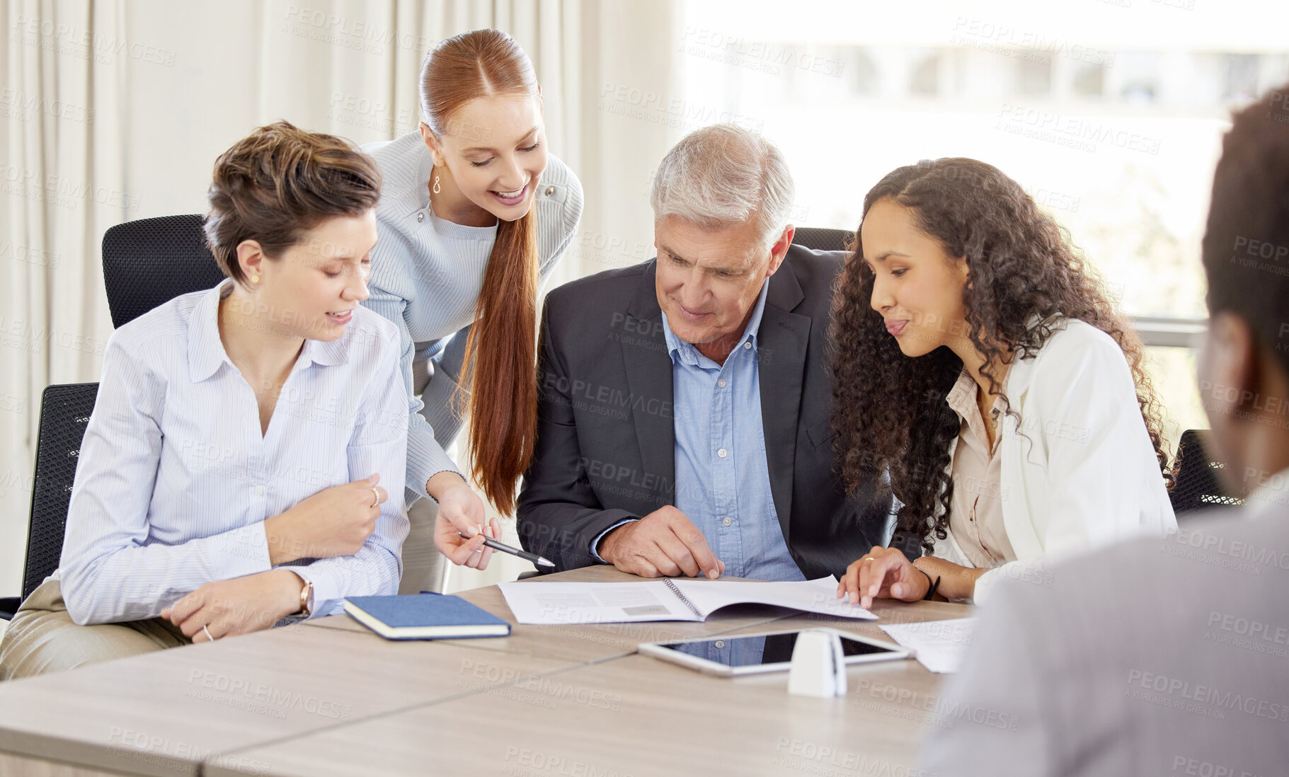 Buy stock photo Documents, laptop and business people in meeting for planning, discussion and company review. Corporate, office and men and women reading paperwork for teamwork, collaboration and project feedback