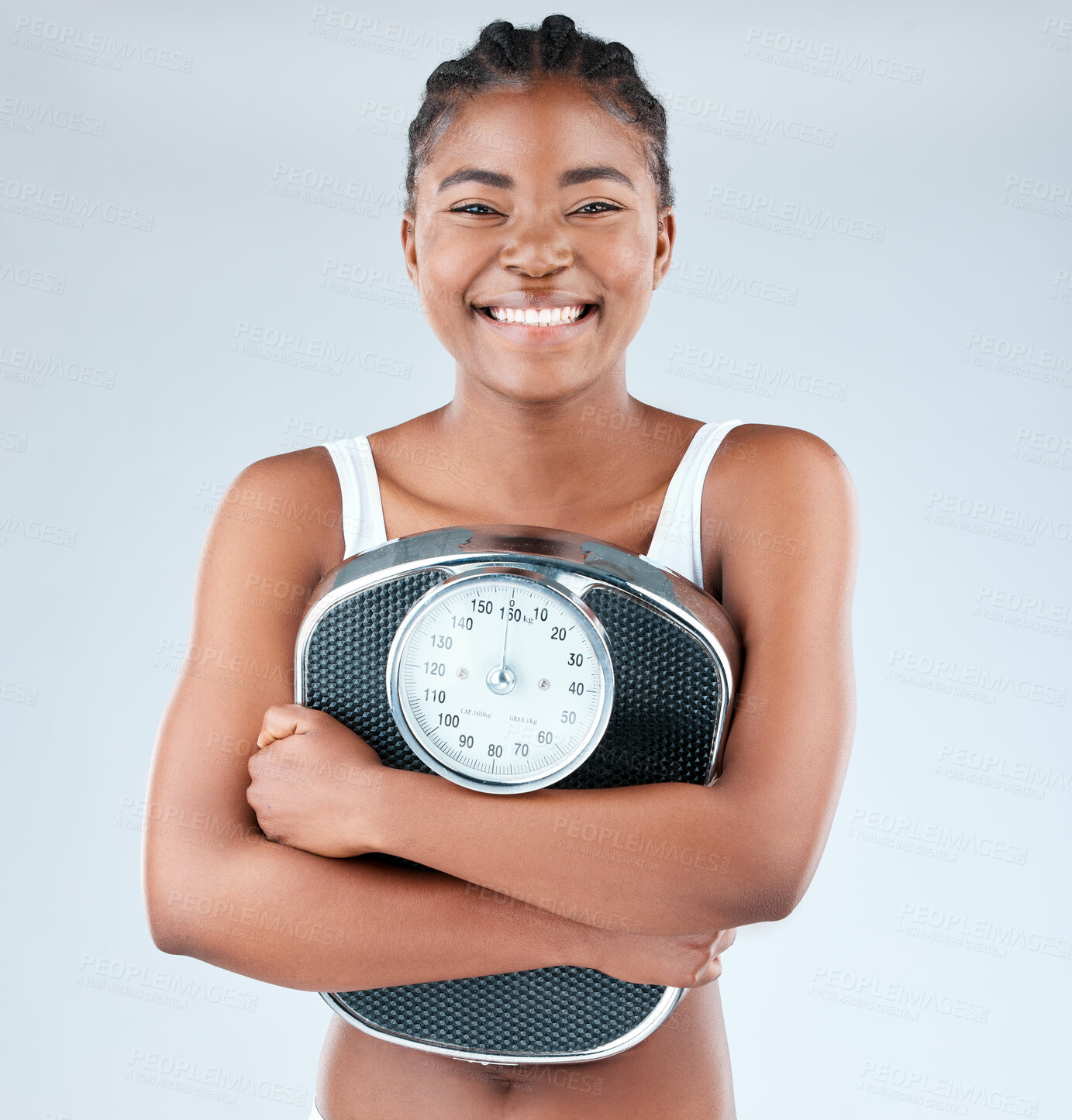 Buy stock photo Black woman, portrait and scale for weight loss in studio, underwear and fitness goals for healthy diet. African, female person and smile for nutrition, body results and progress on white background